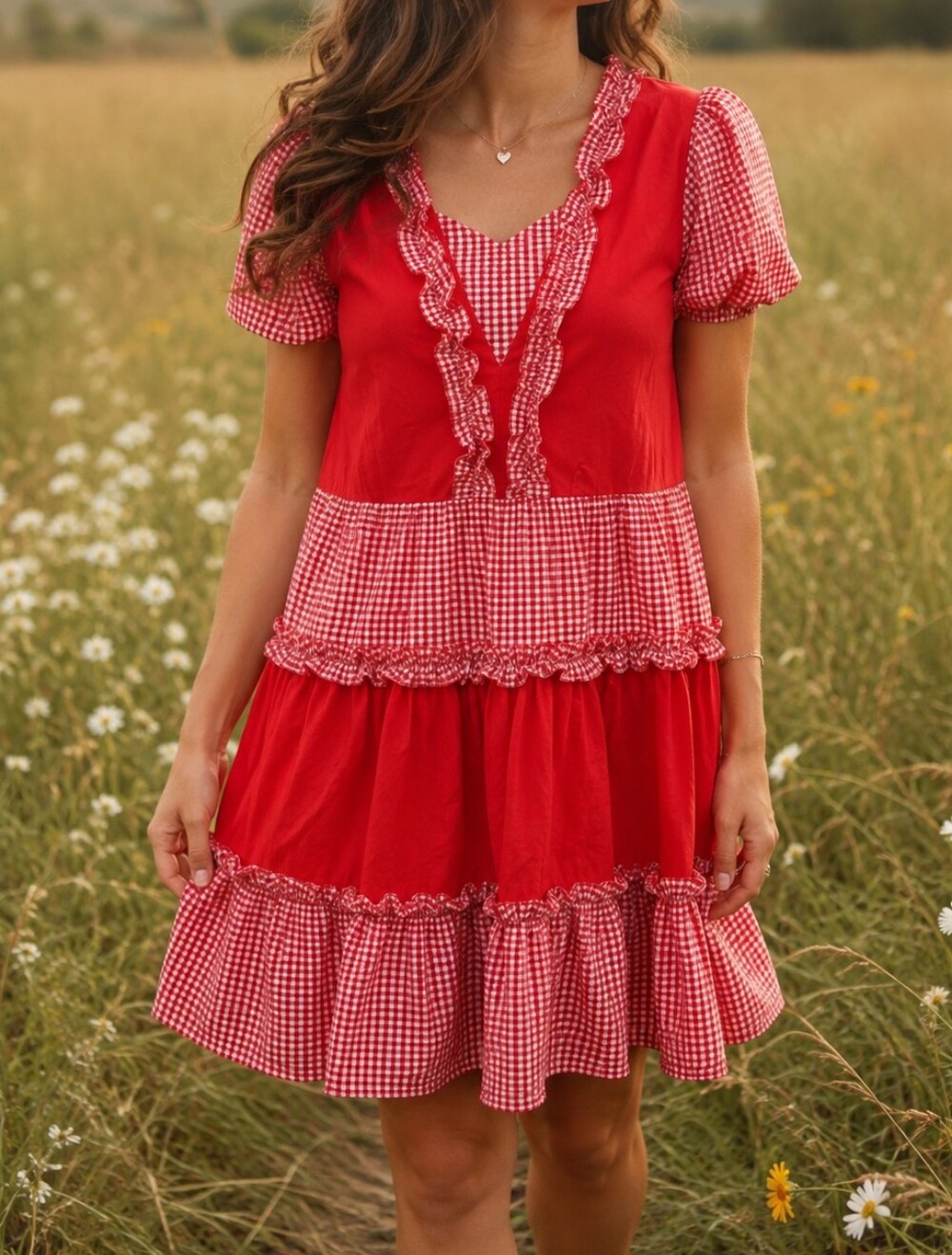 Vintage Joni Apple Red Gingham Ruffle Tiered Cottagecore Prairie Mini Dress